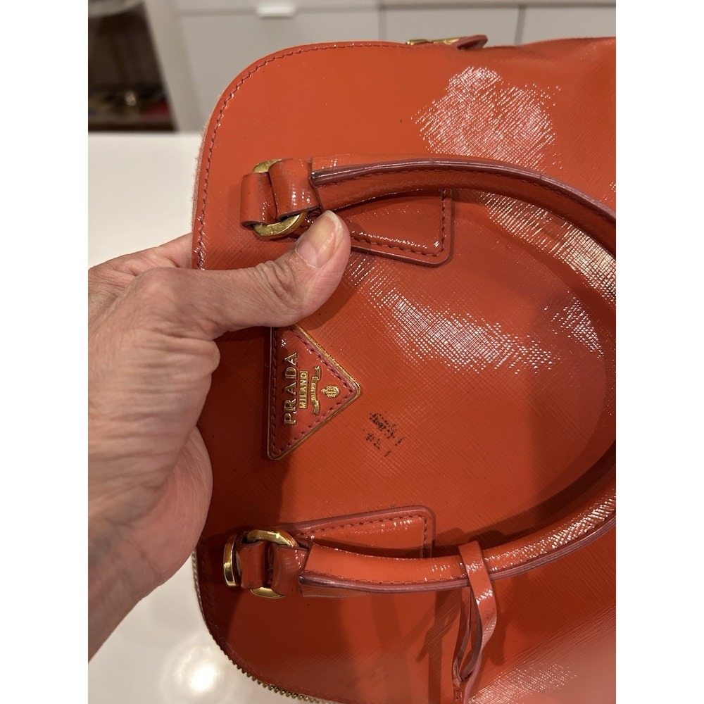 Prada Saffiano Vernice Promenade Patent Leather Orange Hand Bag Purse Top Handle - Picture 16 of 16
